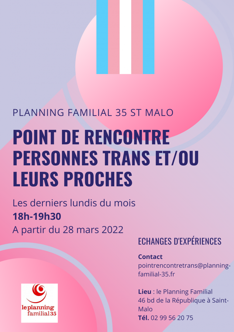 Affiche aux couleurs du drapeau trans indiquant les informations reprises dans le texte ci-dessous.