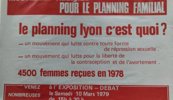 Affiche blanche et rouge sur le Planning Familial de Lyon en 1979