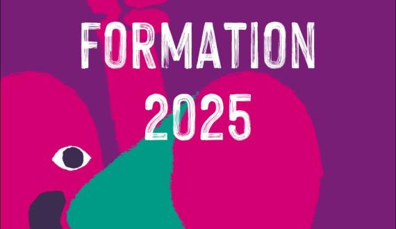 Titre "catalogue formation 2025" sur fond violet, avec dessin du personnage avec un mégaphone en rose