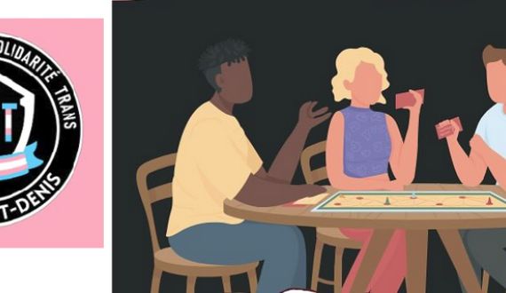 Symbole de l'Organisation de Solidarité Trans de la Seine-Saint-Denis et personnes autour d'une table