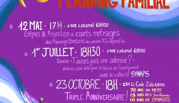 Affiche pour annoncer les 3 évènements cinéma organisés par le PF69 en 2026. Le fond en violet, avec en bas le dessin d'une femme ressemblant à Agnès Varda qui tient une caméra. De la caméra sort de la lumière blanche qui remonte tout autour de l'affiche. Titre en doré et en rouge : "70 ans du Mouvement Français pour le Planning Familial". Les infos sont écrites à la main, en plan sur le fond violet. On voit aussi le logo du PF69 en haut à droite. 