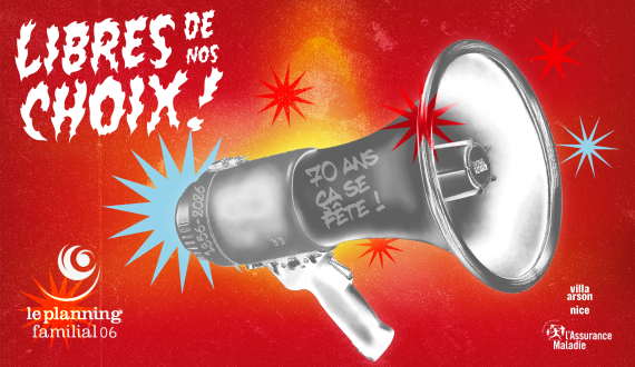 Affiche présentant un mégaphone sur fond rouge, avec le logo du Planning Familial