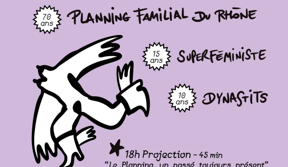 Affiche sur fodn violet avec les infos à propos de la boum d'anniversaire des 70 ans du Planning Familial. Illustration en blanc au milieu : croquis d'une figure ailée, nue, avec des bottes ailées, on distingue ses seins et son pubis. 