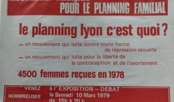 Affiche blanche et rouge sur le Planning Familial de Lyon en 1979