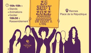 Silhouettes de personnes dont l'une brandit une pancarte "28 septembre 2022 journée mondiale du droit à l'IVG" Rassemblement à Rennes place de la République : de 16h à 18h ateliers stand et goûter, 18h30 rassemblement.