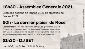 18h30 AG 20h Représentation théatrale sur les violences conjugales 21h30 DJ SET par Loa