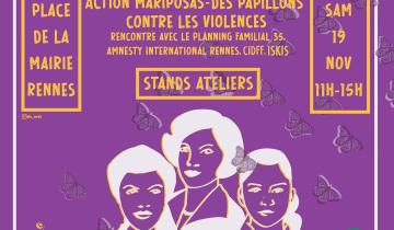 Un visuel invitant à l'action "Mariposas des papillons contre les violences", avec des stands et des ateliers le 19 novembre de 11h à 15h, place de la Mairie à Rennes. Le visuel représente les trois soeurs Mirabal sur fond violet.