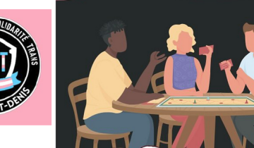 Symbole de l'Organisation de Solidarité Trans de la Seine-Saint-Denis et personnes autour d'une table