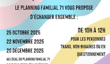 Groupe de parole une fois par mois pour les personnes trans samedi 20 décembre de 10h à 12h et pour les proches de 14h à 16h