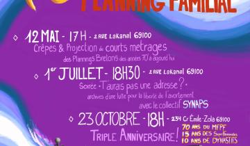 Affiche pour annoncer les 3 évènements cinéma organisés par le PF69 en 2026. Le fond en violet, avec en bas le dessin d'une femme ressemblant à Agnès Varda qui tient une caméra. De la caméra sort de la lumière blanche qui remonte tout autour de l'affiche. Titre en doré et en rouge : "70 ans du Mouvement Français pour le Planning Familial". Les infos sont écrites à la main, en plan sur le fond violet. On voit aussi le logo du PF69 en haut à droite. 