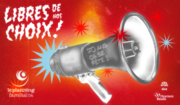 Affiche présentant un mégaphone sur fond rouge, avec le logo du Planning Familial