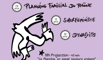Affiche sur fodn violet avec les infos à propos de la boum d'anniversaire des 70 ans du Planning Familial. Illustration en blanc au milieu : croquis d'une figure ailée, nue, avec des bottes ailées, on distingue ses seins et son pubis. 