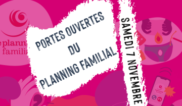 drapeau blanc sur lequel est écrit portes ouvertes du planning familial 21 le samedi 7 novembre